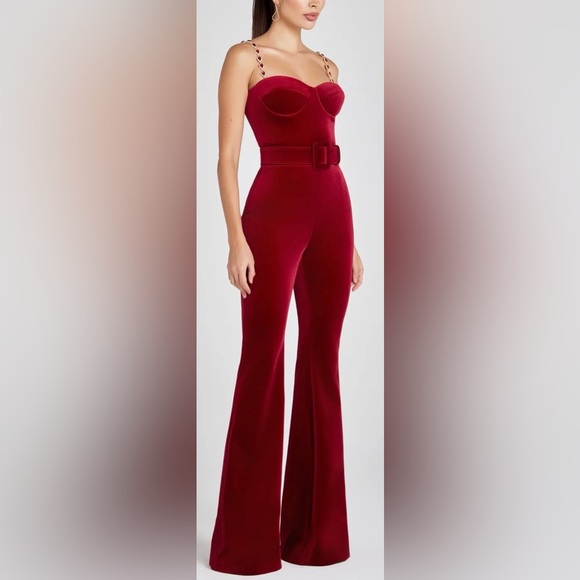 NEW Nadine Merabi Harley Red Velvet Jumpsuit Large Sz 14 $575 - Picture 3 of 9